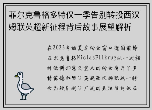 菲尔克鲁格多特仅一季告别转投西汉姆联英超新征程背后故事展望解析 菲尔克鲁格多特仅一季告别转投西汉姆联英超新征程背后故事展望解析